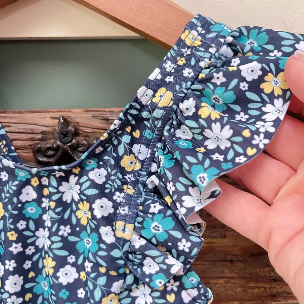 Polarn O. Pyret Floral Ruffle One Piece Swimsuit Navy Teal Yellow Kids 1-2 Years